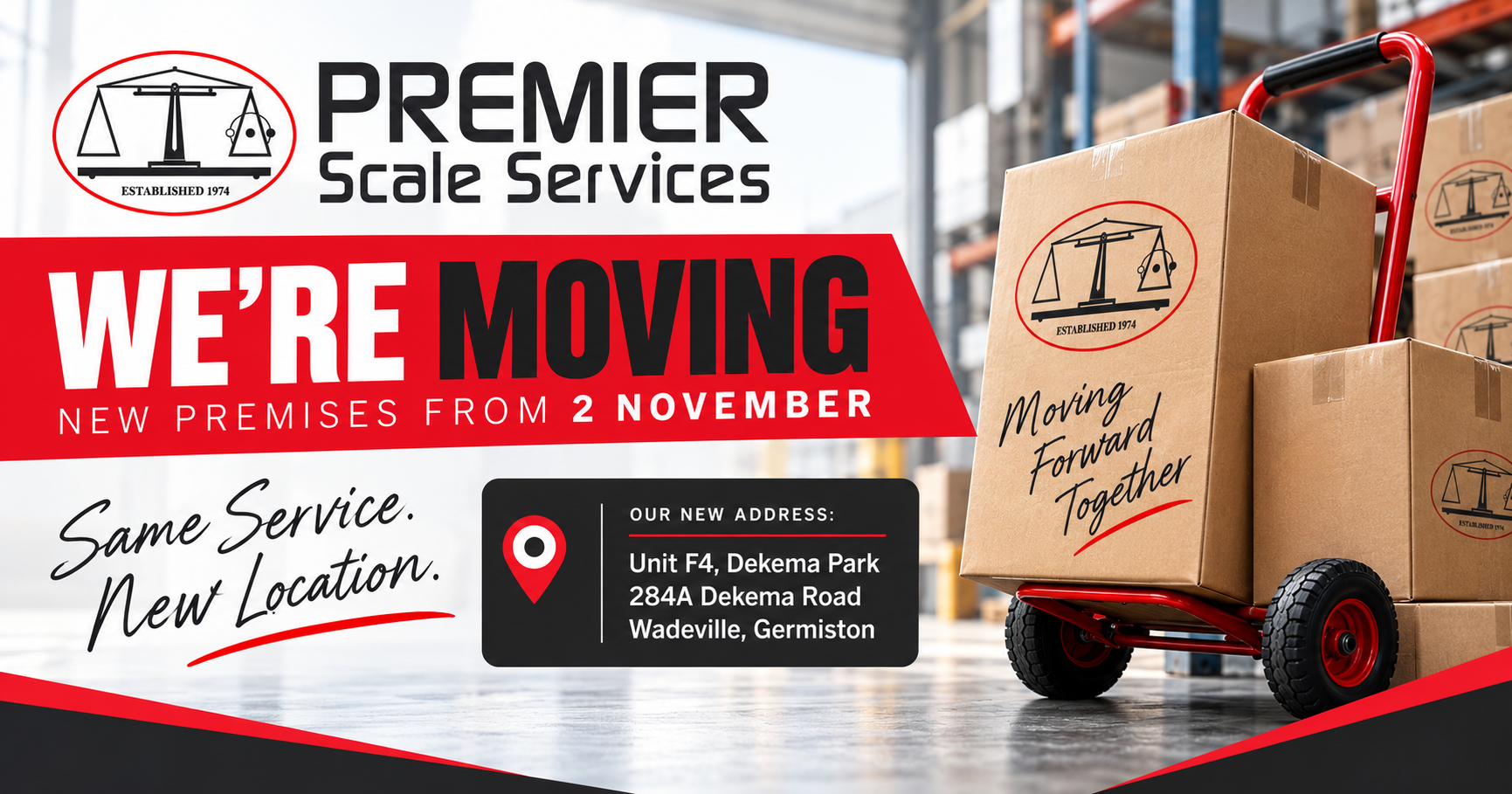 Premier Scale Services is moving to new premises in Wadeville, Germiston on 2 November